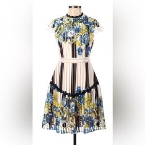 Anthropologie Floral Striped Midi Dress - Blue, Yellow, Black